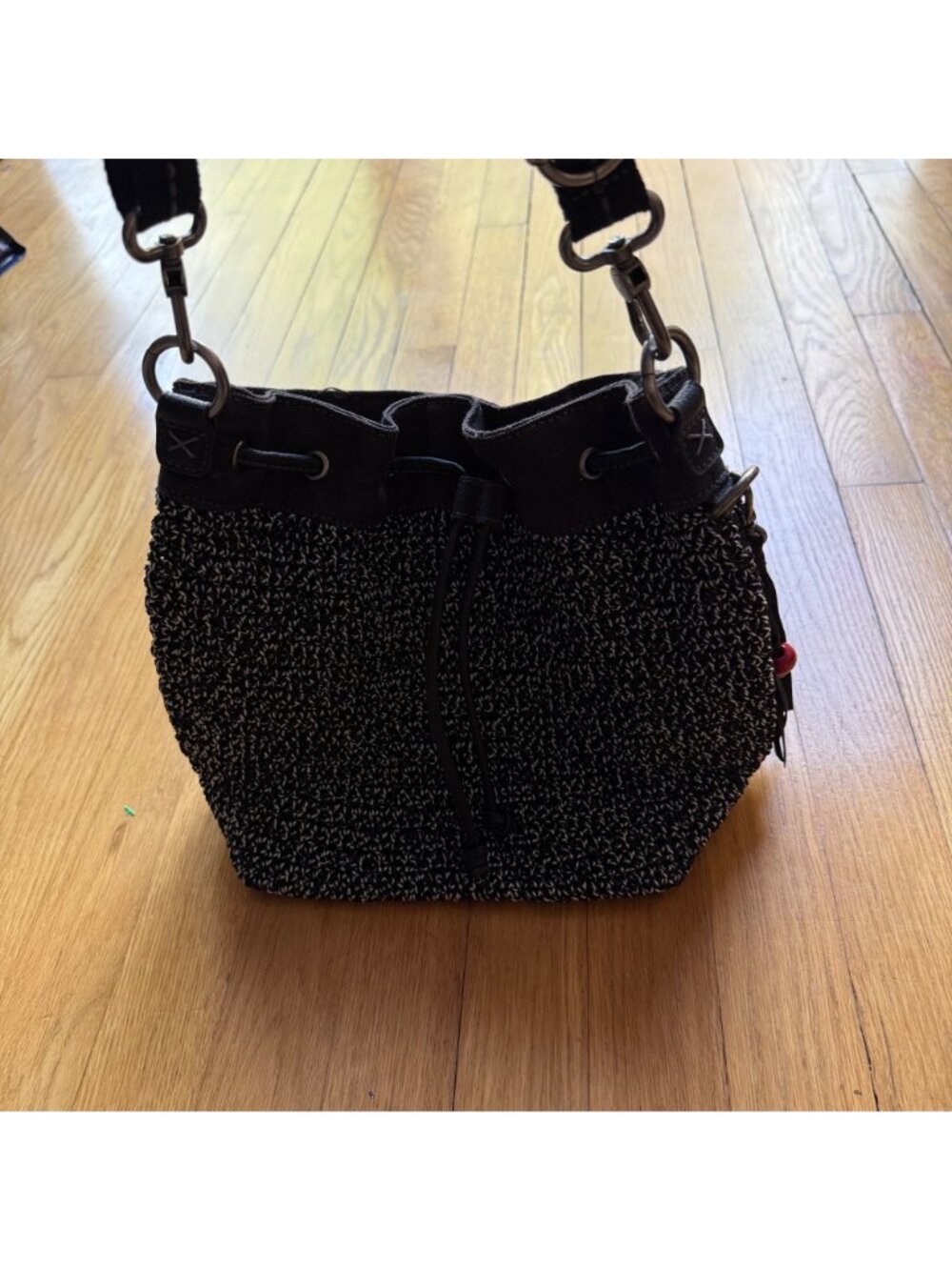Crochet Boho The Sak 12"x10" Black & White Ukiah Crochet Drawstring Bucket Bag - Picture 13 of 15